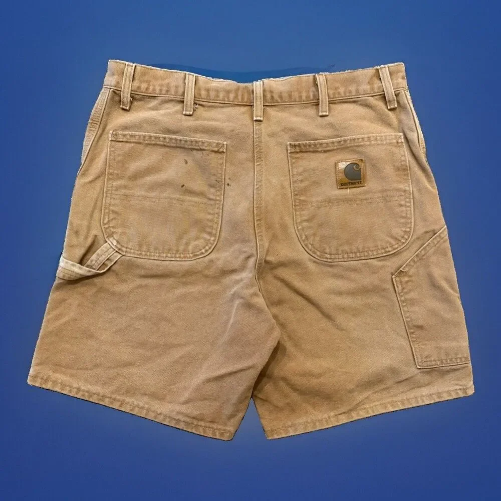 Vintage CARHARTT B25 BRN Carpenter Canvas LEATHER PATCH Shorts Sz 32/34 USA MADE